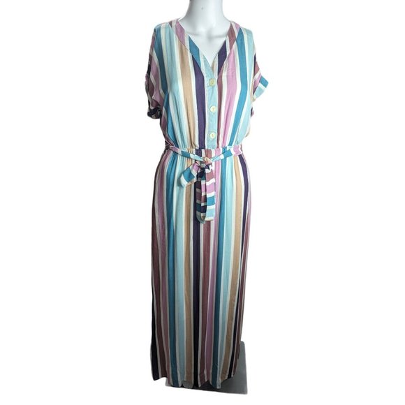 Orange Creek Pastel Color Striped Buttoned Front tie waist maxi dress lined sz S - Picture 1 of 10